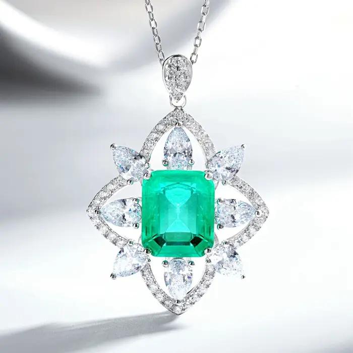 Vinregem émeraude Paraiba Tourmaline haute teneur en carbone diamant gemmes pendentif colliers solide 925 en argent Sterling bijoux fins en gros