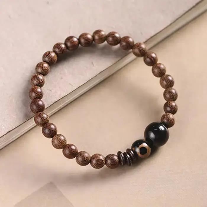 Bracelet en bois de santal avec soie dorée, perles Dzi style rétro pour homme et femme, cadeau de vacances et méditation ```