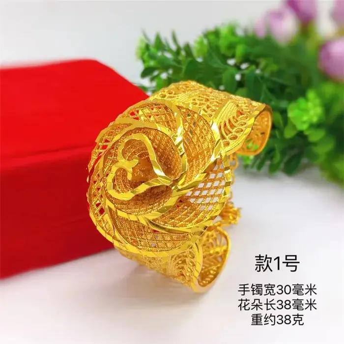 Bracelet pour femme en or 24 carats avec chaîne vietnamienne et fleur - Design ouvert + artisanat micro-incrustation de
