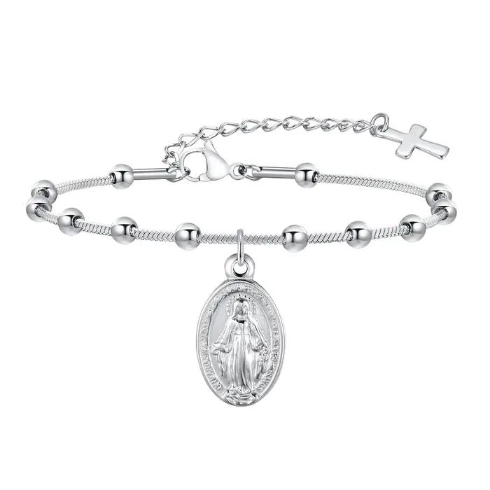 Bracelet Chapelet en Acier Inoxydable Plaqué Or Croix Religieuse Cadeau pour Femmes Occasions Spéciales
