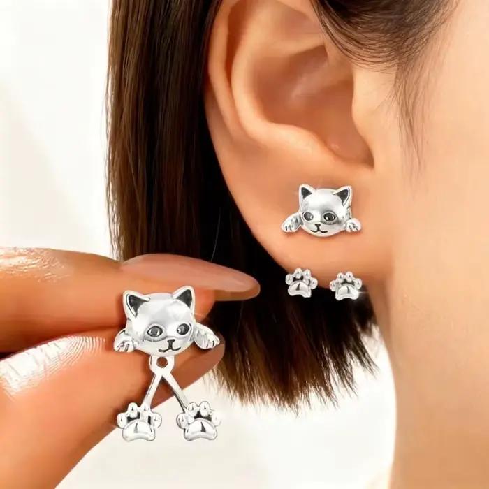 Boucles d'oreilles vintage amusantes couleur argent en forme de chat pour femme