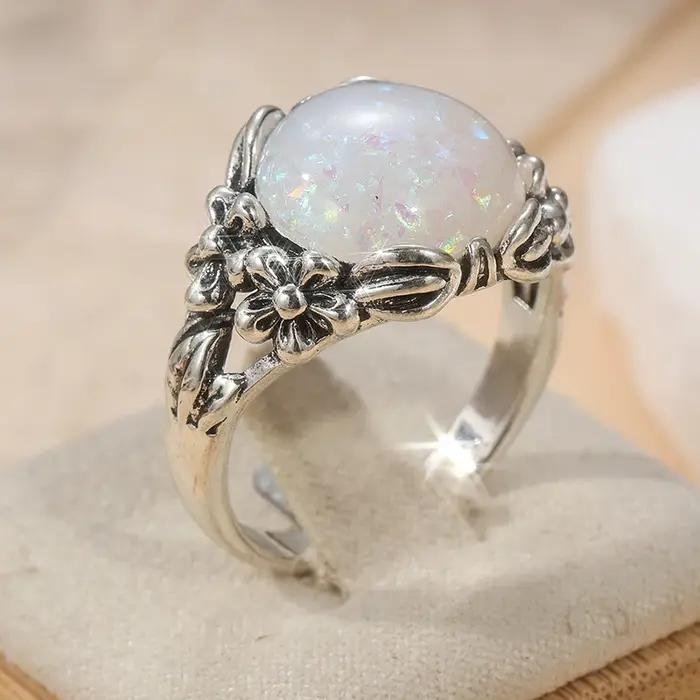 Bague vintage pour femme en argent avec opale imitation incrustée