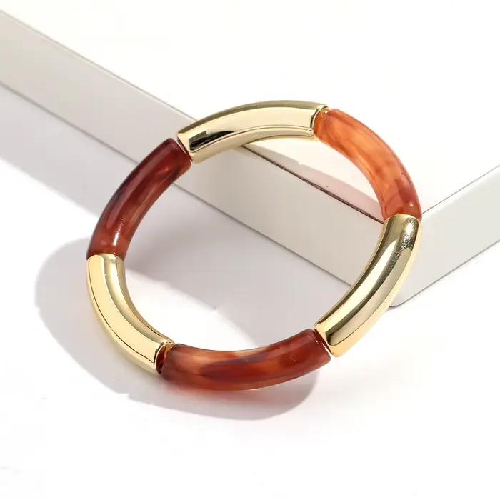 Bracelet jonc tubulaire fin en résine acrylique et bambou multicolore 2026 pour femme, fait main, te