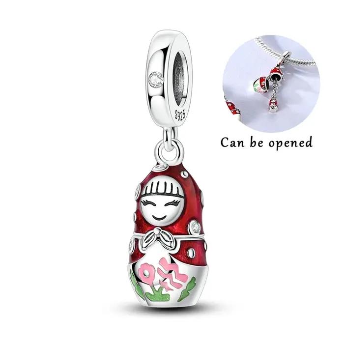 Pendentif Breloques Bijoux 925 Argent Rouge à Pois Poupée Charmes Fleurs Zirconium Blanc Occasions Spéciales Femme