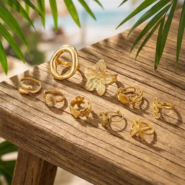 Lot de 9 bagues tropicales océaniques pour femme