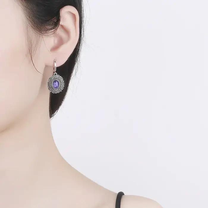 Boucles d'oreilles ovales en argent Sterling 925 avec pierre de lune et améthyste pour femmes occasions spéciales mariage elegant