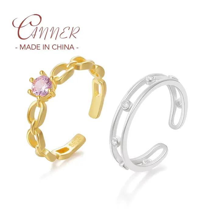 Bague réglable en argent sterling 925 motif croix zircon éclatant couleur or jaune clair pour femme style vintage et bohème