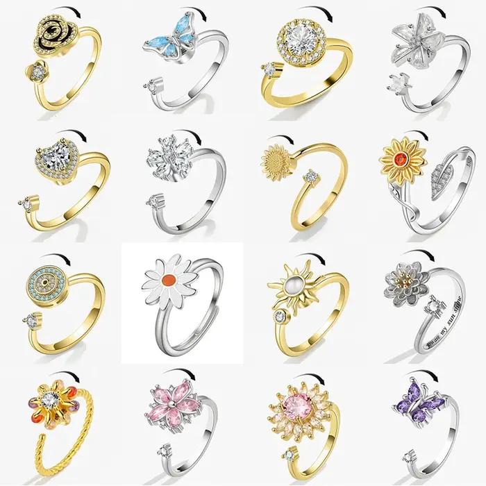 Bague anti-stress de luxe en forme de papillon et tournesol pour femme