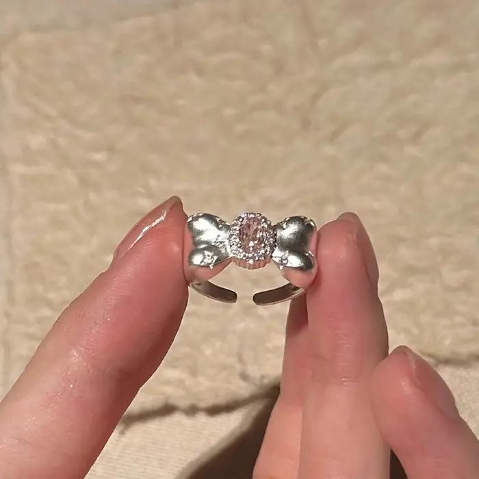 Bague nœud papillon rose zircon Y2K tendance Kpop pour femme