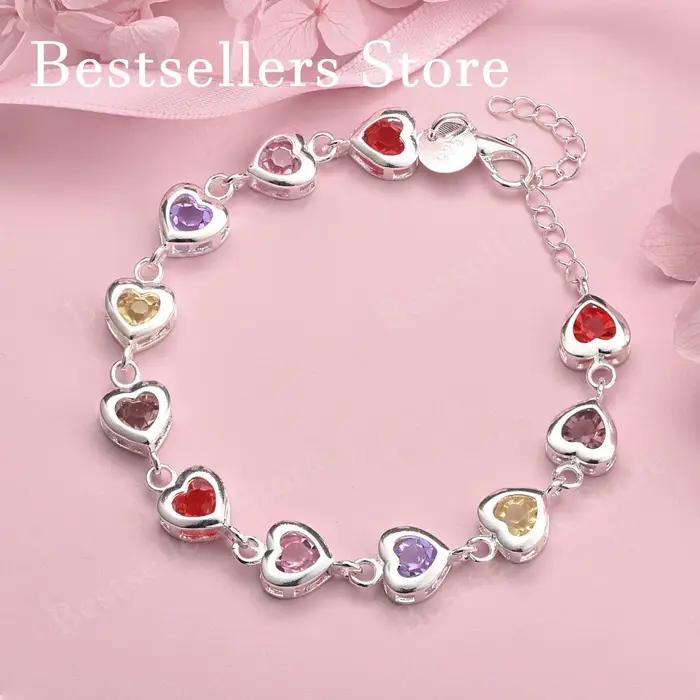 Bracelet en argent sterling 925 avec zircon coloré en forme de cœur bijoux classiques pour femmes occasions spéciales engagement mariage anniversaire