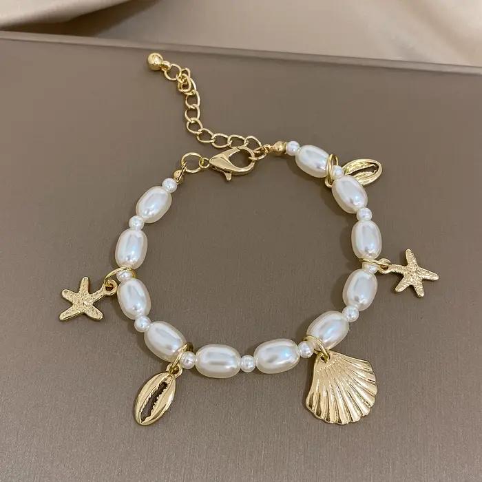Bracelet ABS en forme d'étoile de mer et de coquillage en or clair pour femme, bijou océanique pour occasions spéciales, vacances, plage, cadeau d'anniversaire, fête des mères, Pâques