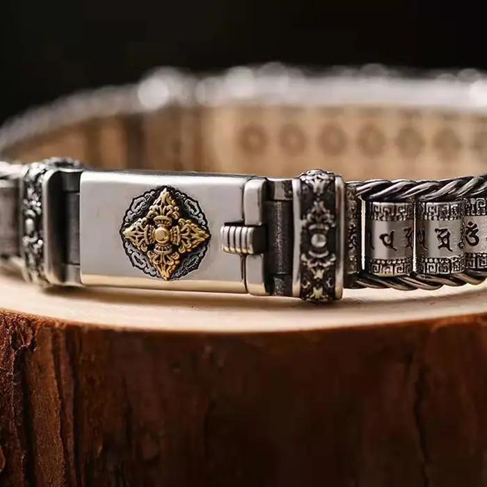 Bracelet mantra tibétain en argent Six-rick pour homme