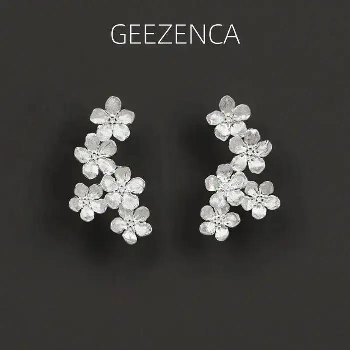 GEEZENCA bijoux brossés 925 en argent Sterling 3D fleur boucles d'oreilles femmes délicat concepteur à la mode déclaration boucle d'oreille cadeau de fête