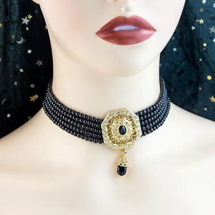 Collier ras du cou en perles marocaines pour femmes, bijoux de mariage de mariée arabe, pendentif en cristal de couleur or