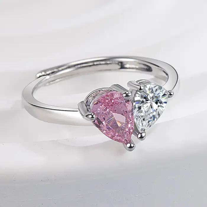 Bague en argent sterling 925 luxueuse avec zircon rose en forme de cœur