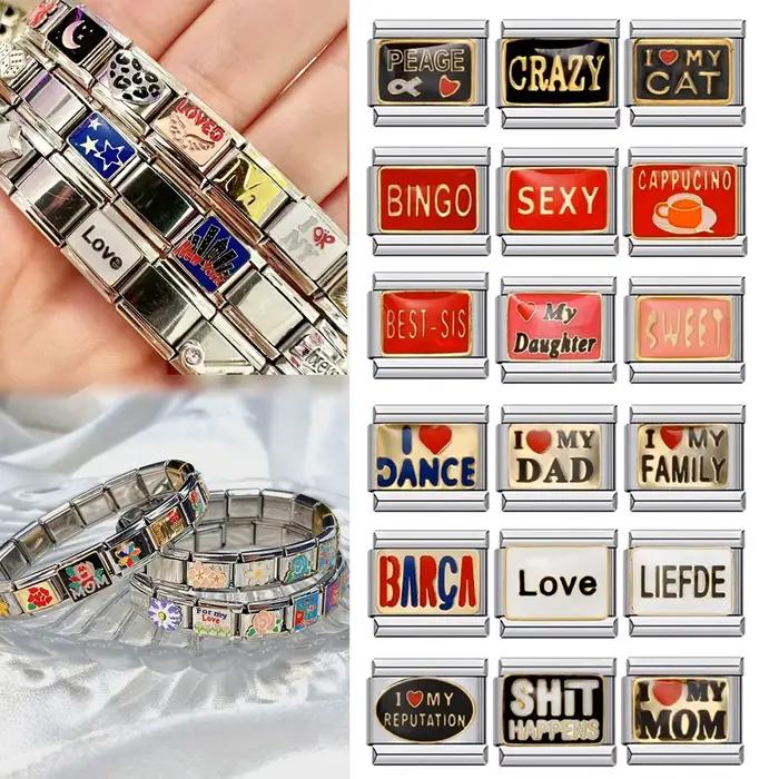 Lettre anglaise j'aime mon chat Bingo lien d'amour pour chaîne élastique bijoux à bricoler soi-même 9mm en acier inoxydable Bracelet à breloques italien