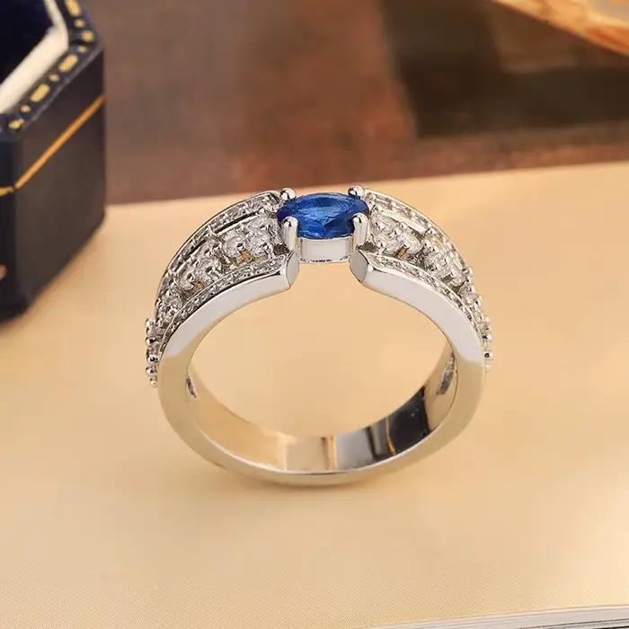 Bague en argent S925 grande pierre bleue zirconium diamant pierres précieuses bijoux engagement femmes occasions spéciales