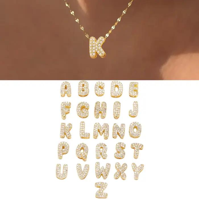 Collier avec initiale mignonne pour femmes et hommes, plaqué or, serti de zircon, collier à lettres en forme de bulle, bijoux d'anniversaire