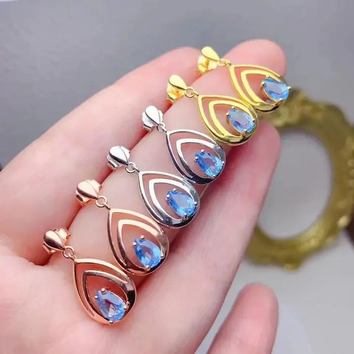 Boucles d'oreilles pendantes en topaze naturelle bleu clair, bijoux en argent, sans allergie, plaqué or 18 carats, 4mm * 6mm, total 0,7 ct