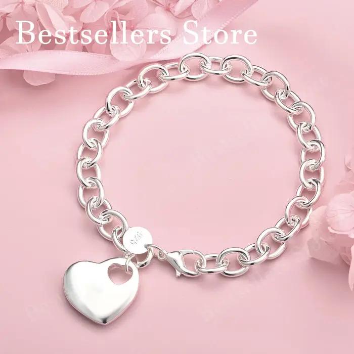 Bracelet en argent sterling 925 de 8 pouces en forme de cœur exquis