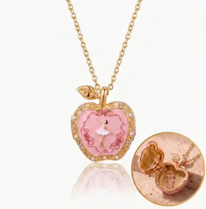 Collier pendentif boîte à ouverture et fermeture en forme de pomme rose pour femme et fille