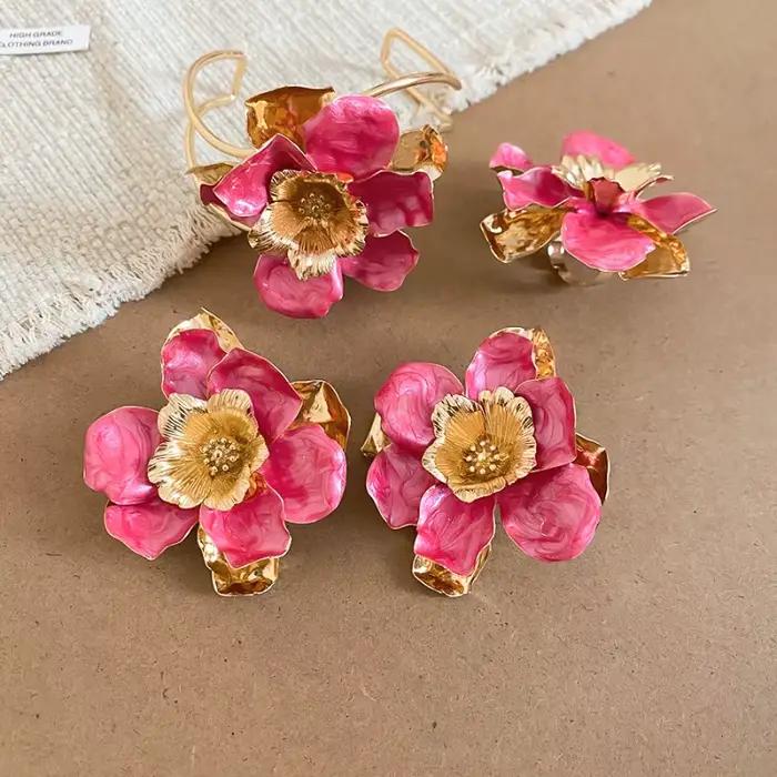 Boucles d'oreilles pendantes Minar en émail couleur bonbon, métalliques, multicouches, grandes fleurs, pour femmes, bijoux en alliage de fer plaqué or