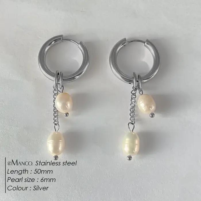 Boucles d'oreilles pendantes en perles d'eau douce de style minimaliste EManco, idéales pour les rendez-vous et les looks chics de bureau, bijoux en acier inoxydable
