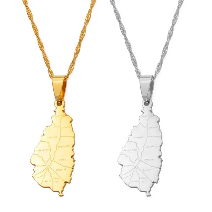 Collier Anniyo Saint Lucia avec pendentif carte des villes pour femme, bijoux couleur or, chaînes et pendentifs des villes de Saint Lucia # 120521