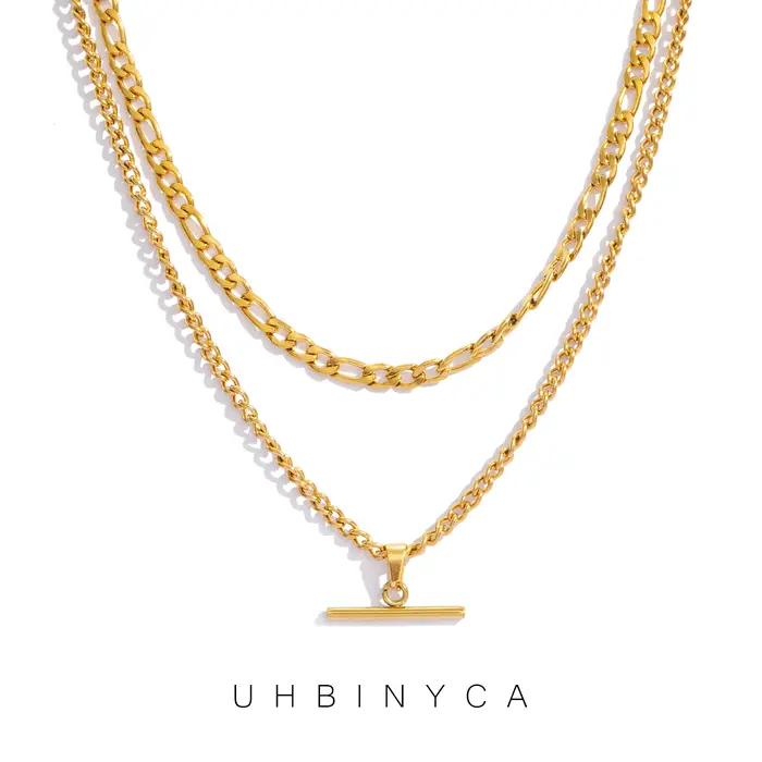 Collier superposé pour femme minimaliste empilable - Plaqué or 18 carats en acier inoxydable hypoallergénique élégant double chaîne bijoux