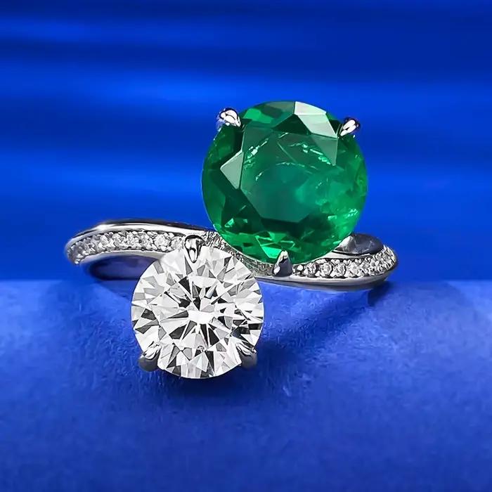 Bague en argent sterling 925 sérénité et élégance vintage avec émeraude et diamants à haute teneur en carbone pour femmes occasions spéciales anniversaires