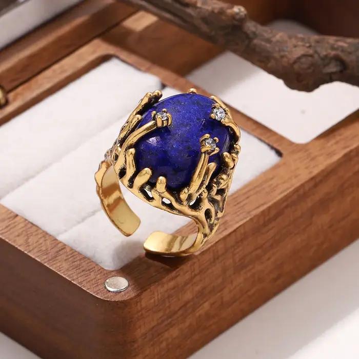 Vinitage rond Lapis lazuli 18K plaqué or bague pour hommes femmes de luxe fête vacances anneaux bijoux cadeau