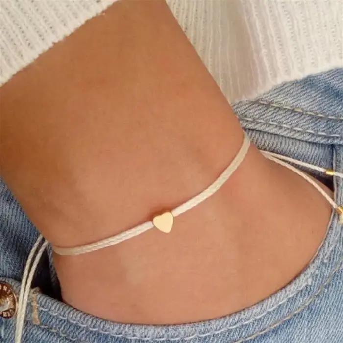 Bohême fait à la main corde chaîne Bracelet pour femmes couleur or coeur pendentif réglable Bracelet