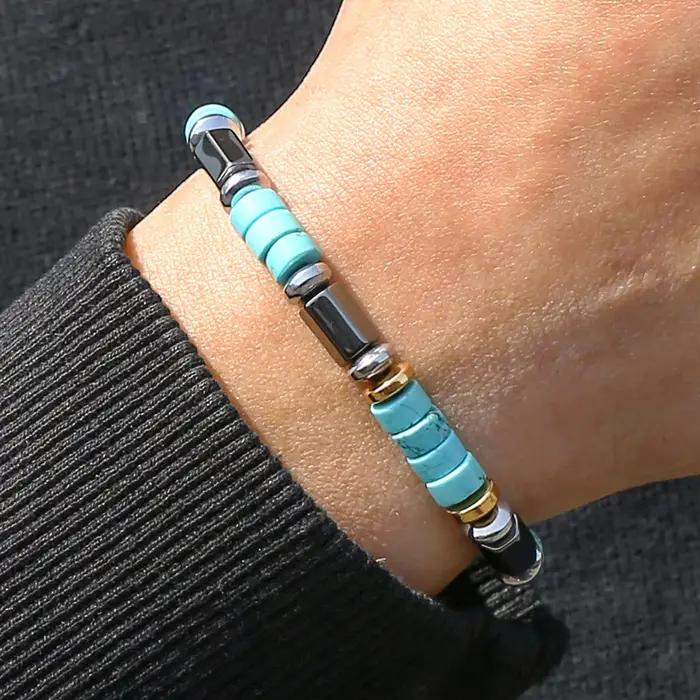 Bracelet de perles en pierre noire turquoise à la mode