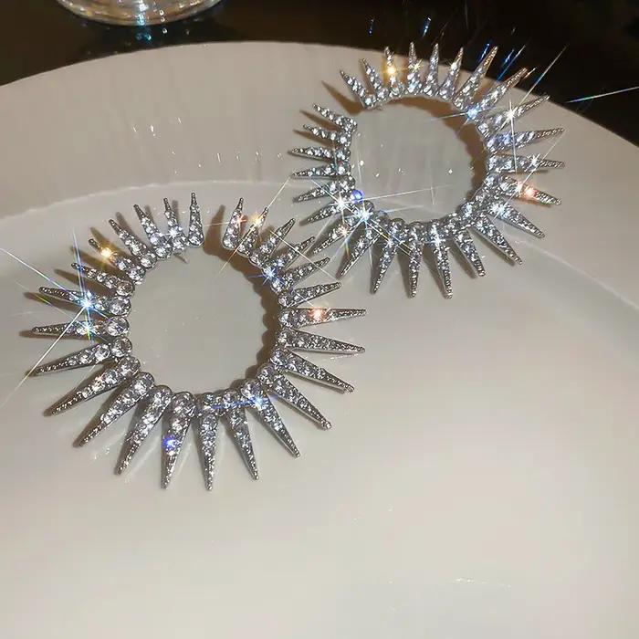 Boucles d'oreilles de luxe en cristal exagérées pour femmes, grand cercle, fleur, strass brillant, b