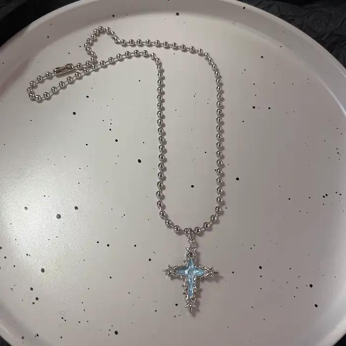 Pendentif croix bleue gothique pour hommes et femmes, bijoux de document en argent, collier de mode, breloques ChimPunk Y2K, accessoires de bijoux Hip Hop