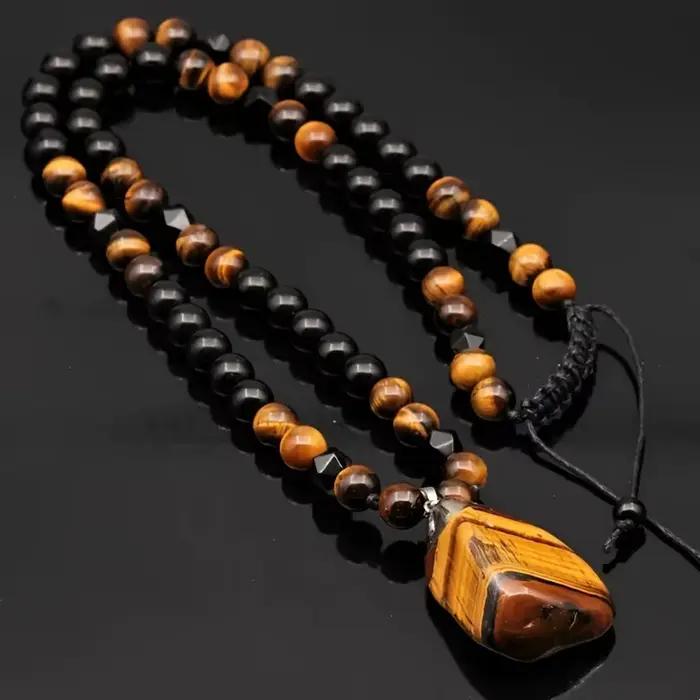 Collier en pierres œil de tigre, collier personnalisé à pendentif irrégulier en perles, couleur noire, collier pour homme
