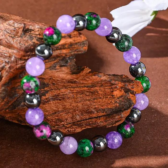 Bracelet en pierre naturelle pour la guérison de la dépression avec pierre vert fleur et mica violet pour femmes et hommes occasions spéciales bien-être émotionnel