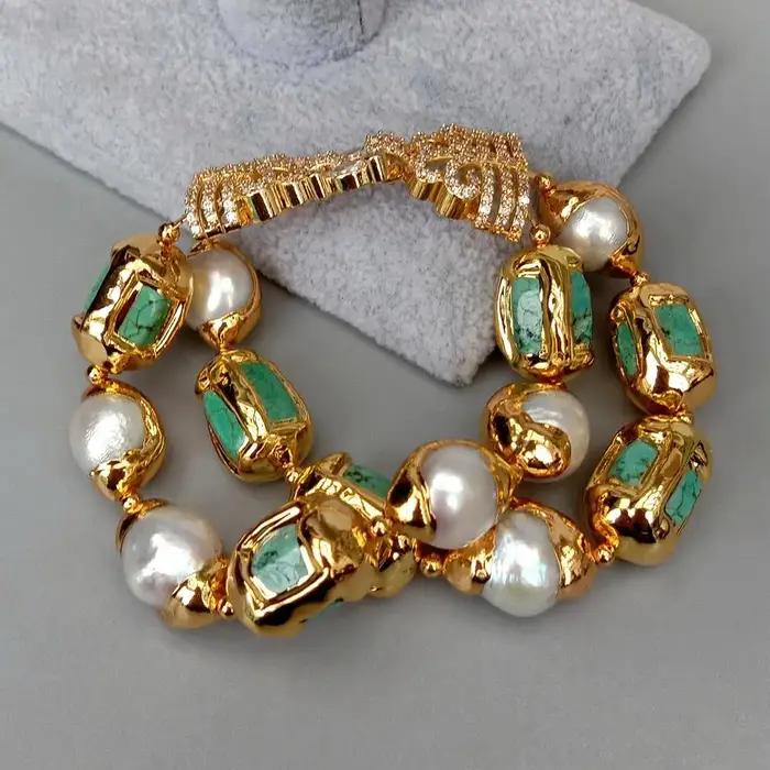 Bracelet Perle d'Eau Douce Blanche Pépite Turquoise Verte avec Bord Galvanisé