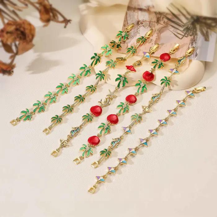 Bracelet rétro en émail vert avec pendentif motif palmier et cocotier