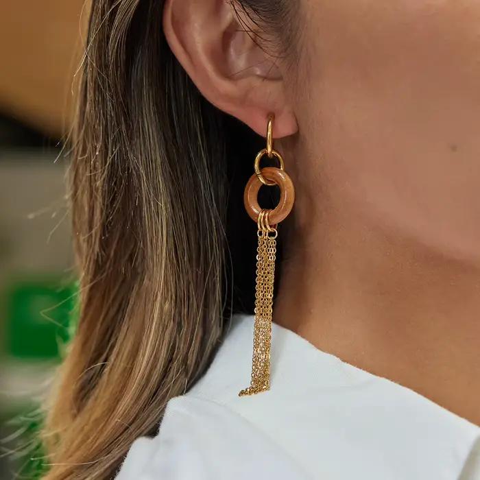 Uworld Boucles d'oreilles vintage à double boucle en bois avec pompon pour femme, en acier inoxydable plaqué or PVD, bijoux de mode pour femme, cadeaux 2026
