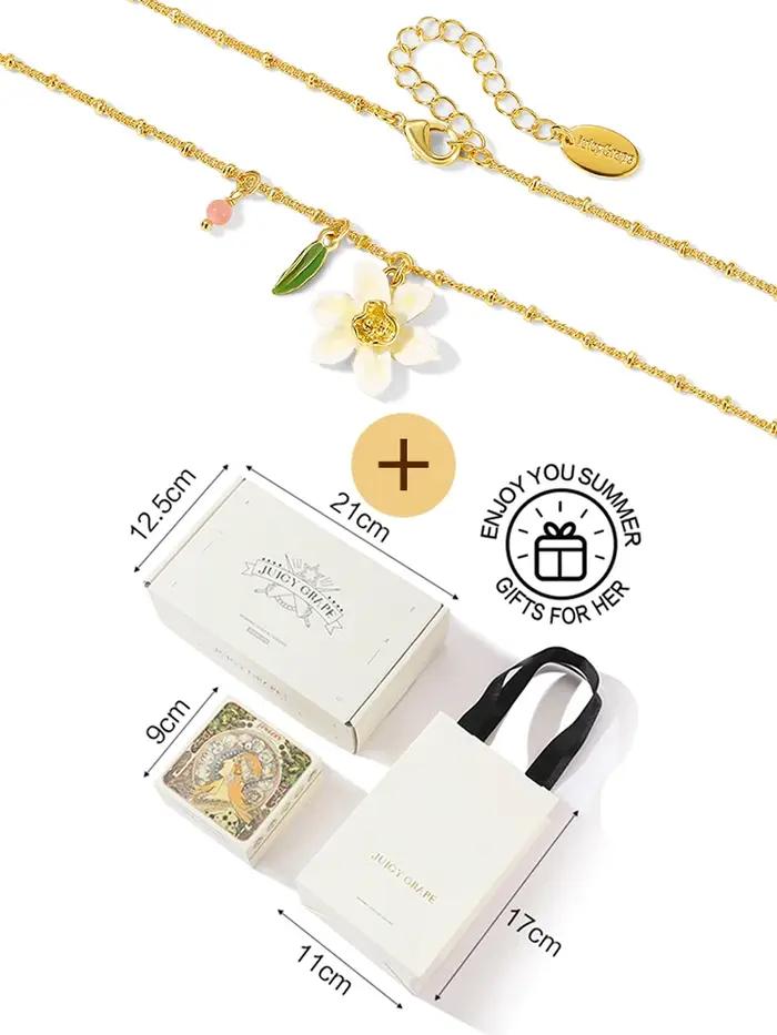 Collier juteux de raisin et jonquille – Pendentif fleur en émail fabriqué à la main en plaqué or 18 carats | Bijoux de