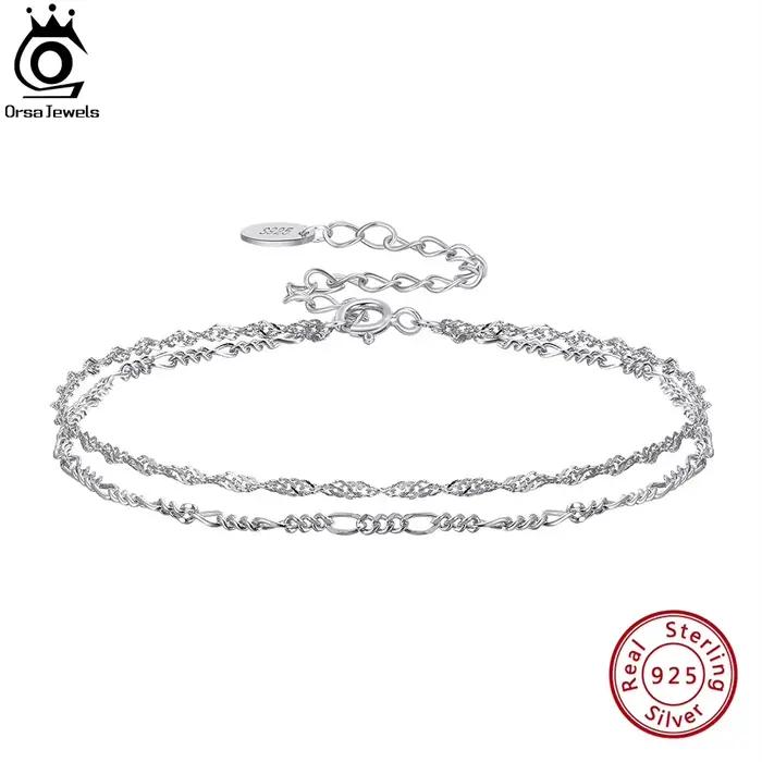 ORSA jewelry – Bracelet Double couche en argent 925 massif pour femme et fille, chaîne Figaro, coupe