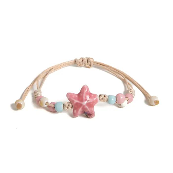 Bracelet en céramique étoile rose fait à la main pour femmes, corde en macramé Boho réglable, bijoux