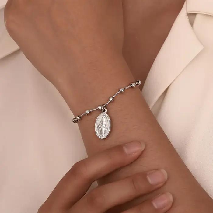 Bracelet Chapelet en Acier Inoxydable Plaqué Or Croix Religieuse Cadeau pour Femmes Occasions Spéciales
