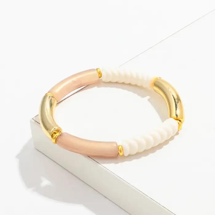 Bracelets à Main en Fil de Bambou Acrylique pour Femme Accessoire en Résine Empilable Tube Fin Perle Extensible Bijoux Cadeaux Occasions Spéciales