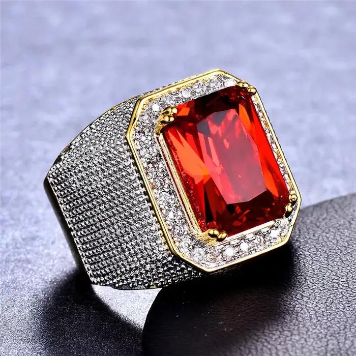 Magnifique grande bague en pierre de Zircon rouge pour hommes et femmes