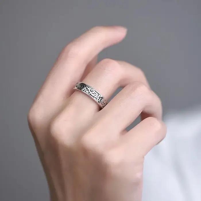 Bague en argent sterling 925 réglable avec motifs rétro pour femme et homme