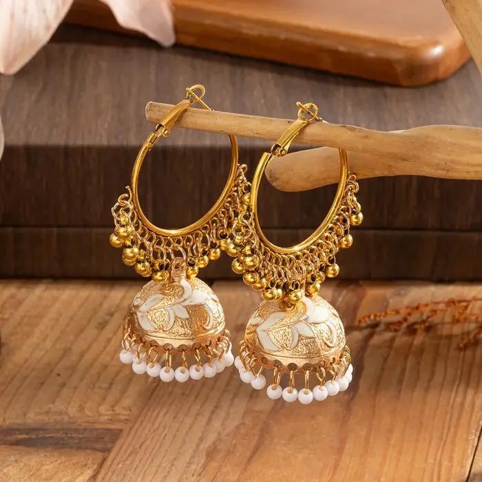 Boucles d'oreilles Jhumka grand rond couleur or pour femmes bijoux vintage ethnique émail fleur cloche bohème occasions spéciales