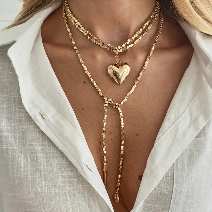 Mode couleur or amour coeur pendentif collier femmes Vintage chaîne de perles Long