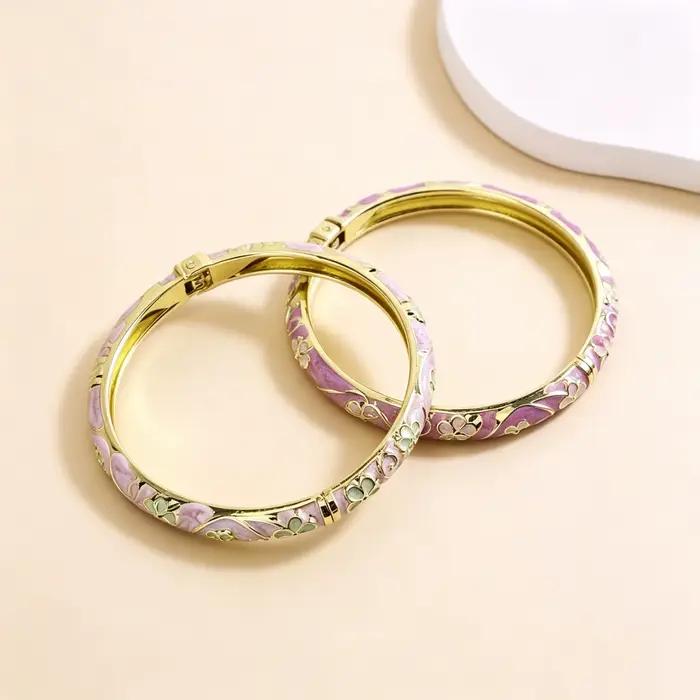 Bracelet en émail à fleurs pour femmes, style bohème ethnique, cloisonné, plaqué or, bijoux de luxe vintage, cadeaux pour mère
